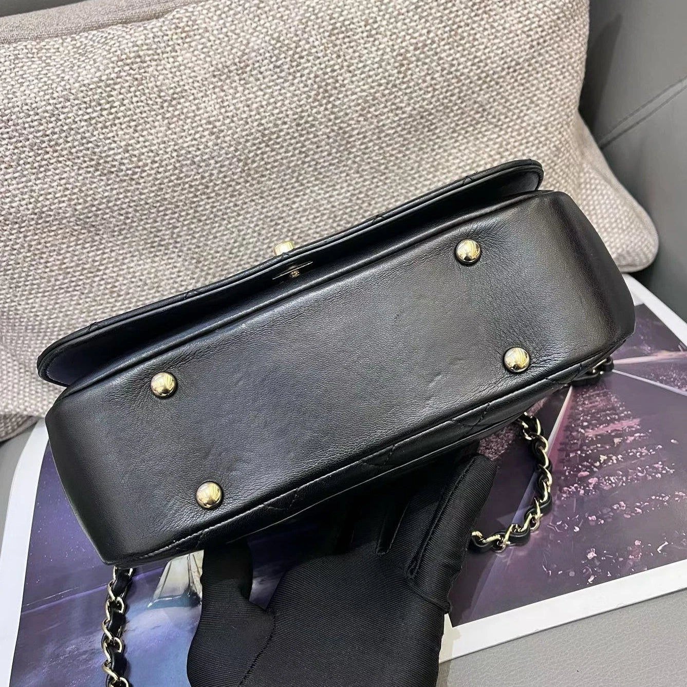 Chanel Lambskin Chain Top Handle Crossbody Black Gold Diamond Women Classic