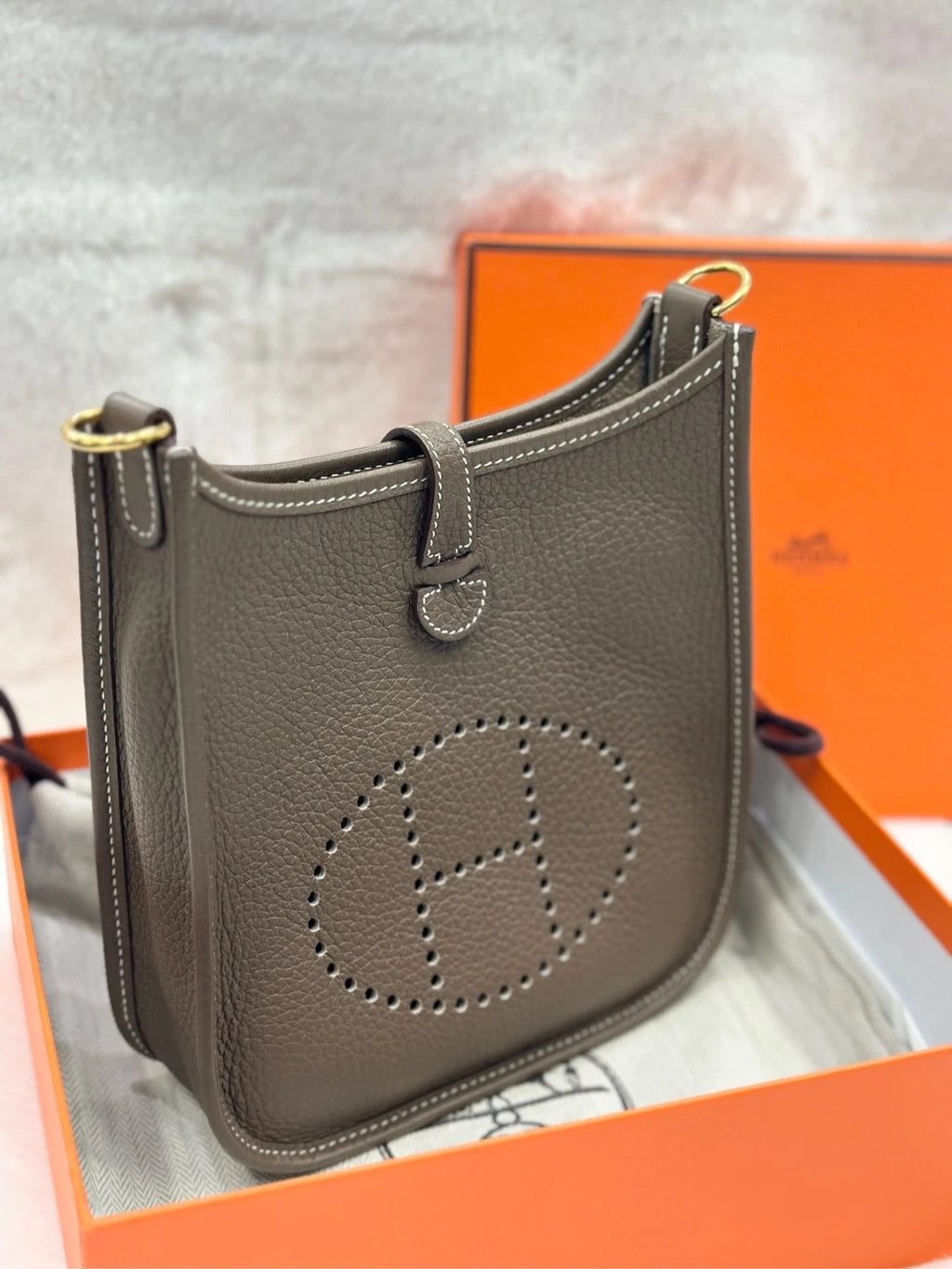 Hermes Leather Grey Mini Evelyn Shoulder Bag for Women