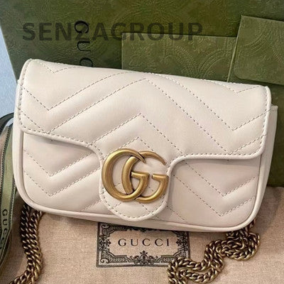 Gucci Marmont Mini Chain Shoulder Bag in White Gold - Classic Women's