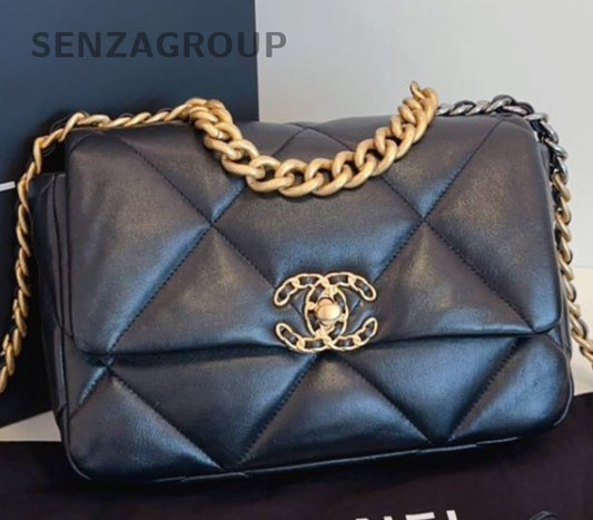 Chanel 19Bag Chain Diamond Crossbody Shoulder Bag Black Gold Women Classic