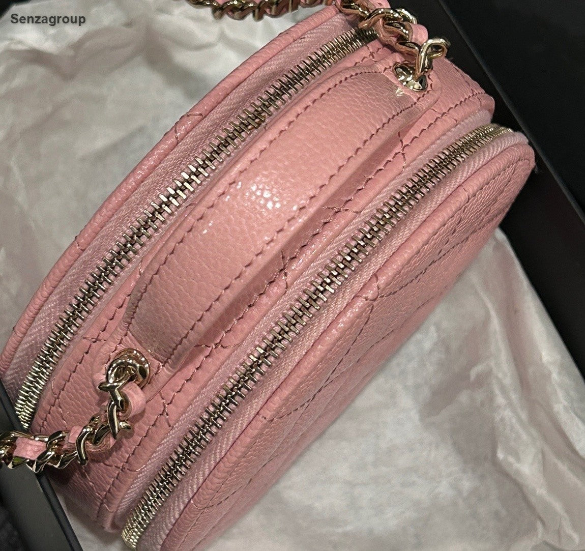 Chanel Diamond Calfskin Round Bag Chain Shoulder Bag Crossbody Pink Gold Women