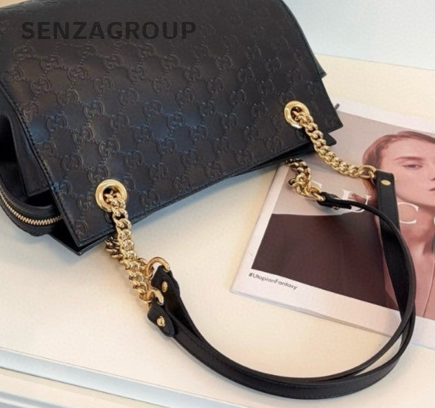 Gucci Tote Chain Shoulder Bag Black Gold Women Classic Fashion