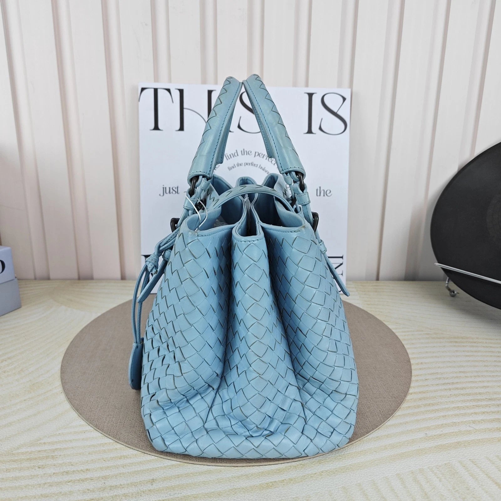 Bottega Veneta Blue Leather Woven Small Roma Tote Handbag For Women