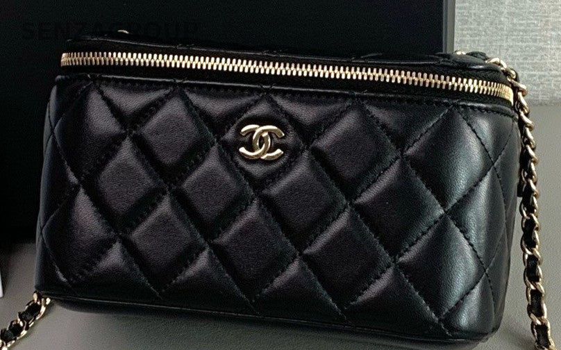 Chanel Quilted Lambskin Long Cosmetic Case Shoulder Crossbody Bag Black Women