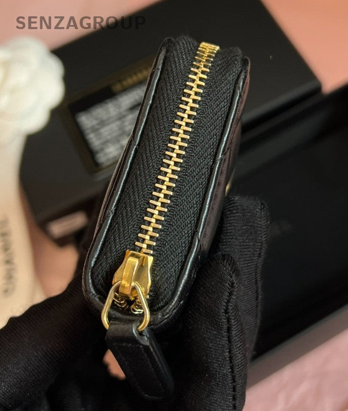 CHANEL Diamond pattern Wallet Black Gold Women Almost Brand NEW