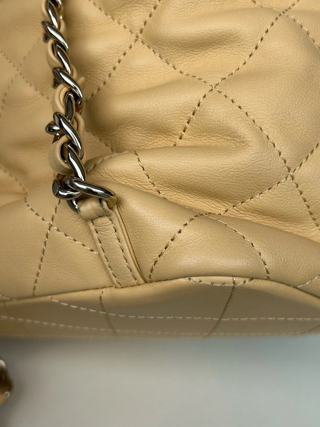 Chanel Diamond Chain Drawstring Backpack Beige Gold Used Women Classic