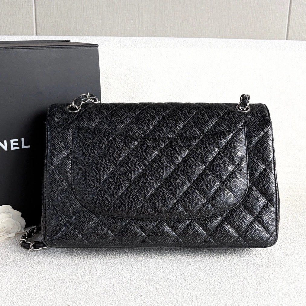 Chanel Classic Flap Jumbo Chain Shoulder Bag Crossbody Black Silver Women
