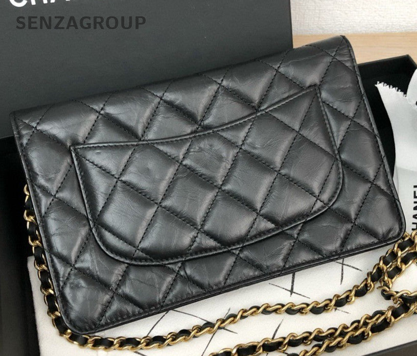 Chanel 2.55 Chain Shoulder Bag Crossbody Black Gold Women Classic Diamond