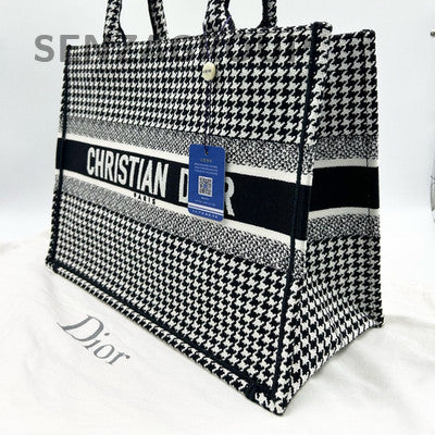 Dior Medium Tote Bag Black Houndstooth Classic Women's Handbag