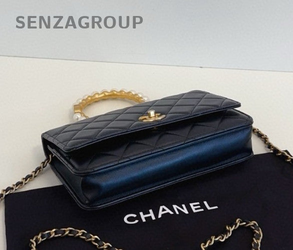 Chanel 21S WOC Lambskin Peal Top Handle Bag Chain Shoulder Bag Black Gold Women