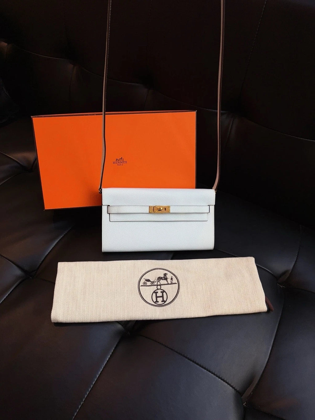 Hermes Kelly Togo Crossbody Bag Women's Purse Blue Gold Lock