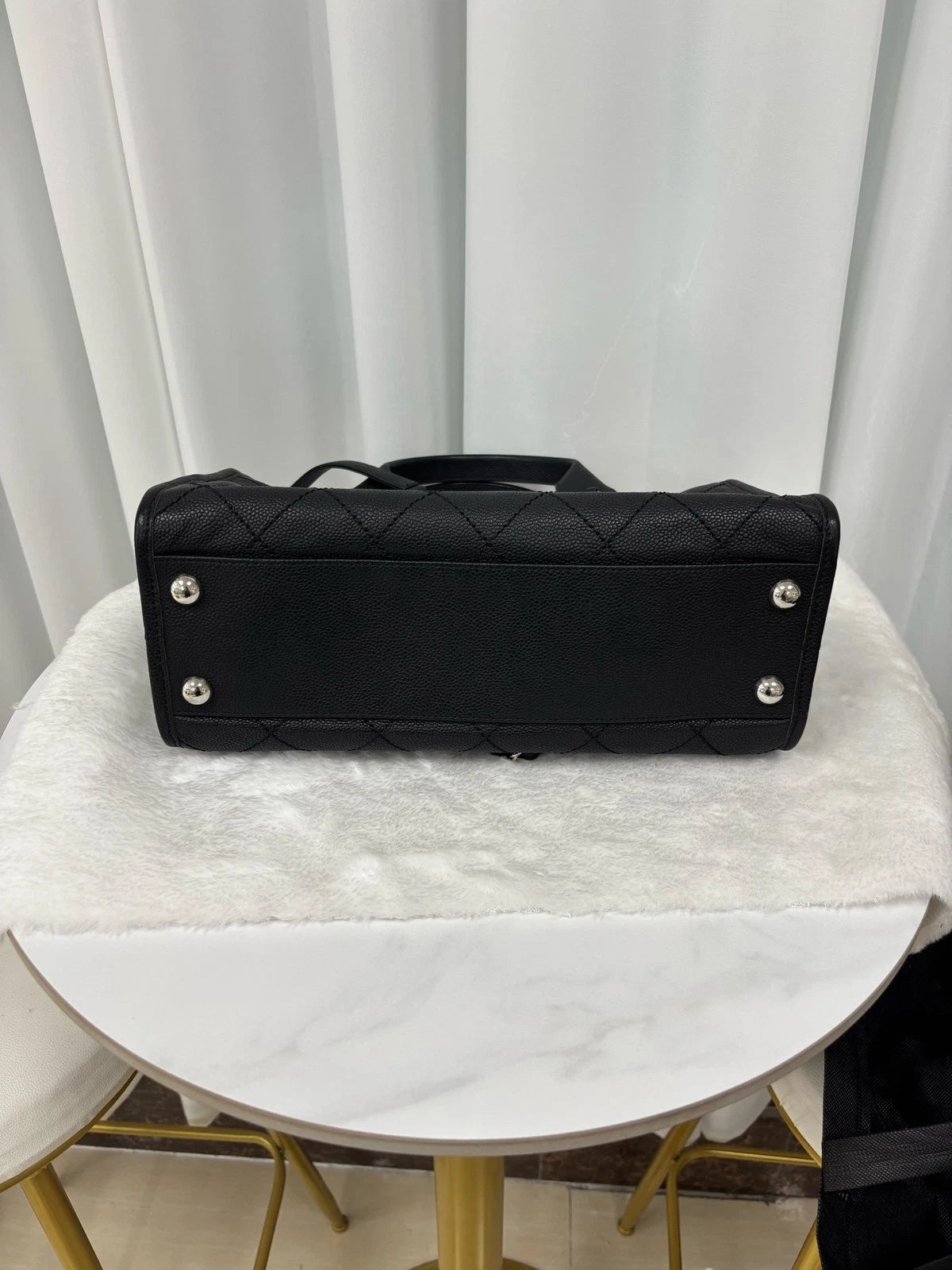 Authentic CHANEL Black Leather Big Logo Bowling Bag for Women