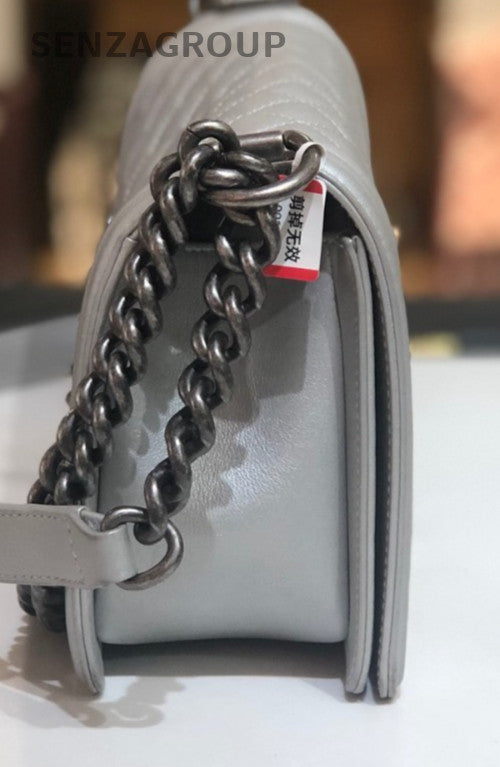 Chanel Leboy MM Calfskin Chain Shoulder Bag Silver Diamond Women Classic