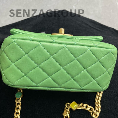Chanel Classic Flap Square Mini Bag Green Aged Gold Chain Shoulder Crossbody