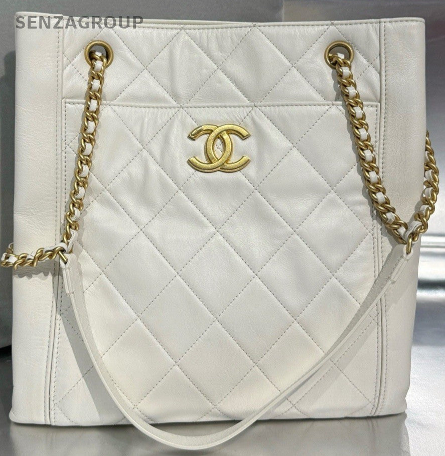 Chanel Calfskin Tote Chain Shoulder Bag White Gold Used Women Diamond Classic