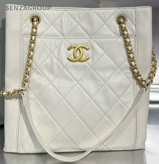 Chanel Calfskin Tote Chain Shoulder Bag White Gold Used Women Diamond Classic