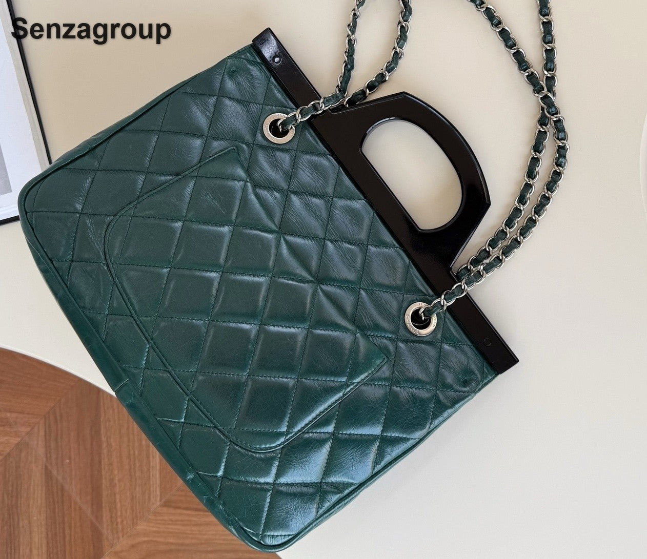 Chanel Diamond Chain Top Handle Shoulder Crossbody Green Silver Women Classic