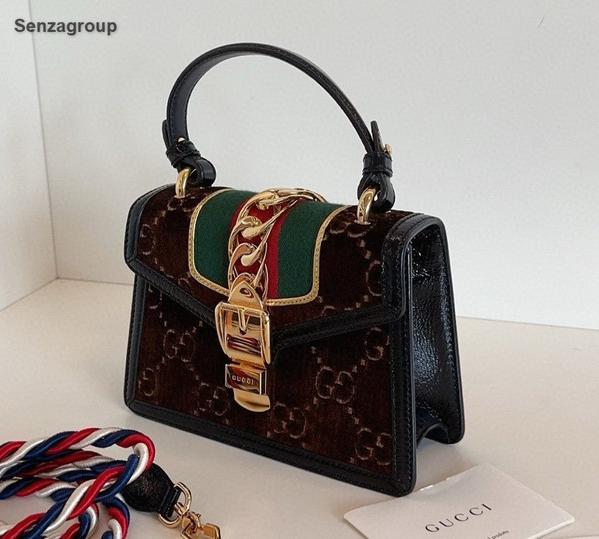 Gucci Sylvie 2Way Top Handle Bag Crossbody Brown Gold Used Women Classic
