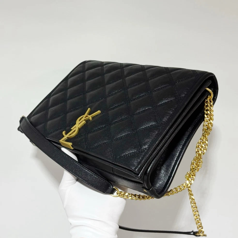 Excellent Saint Laurent Becky Black Quilted Leather Chain Shoulder Crossbody