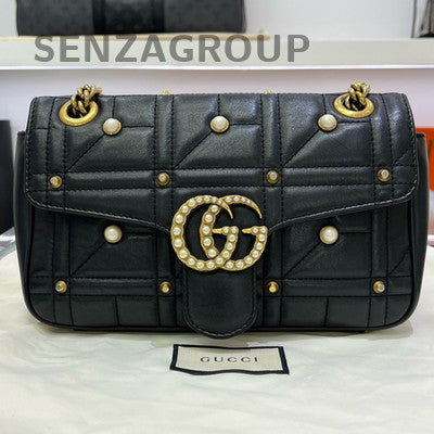 Gucci Marmont 26 Black Gold Pearl Chain Shoulder Crossbody Bag Medium