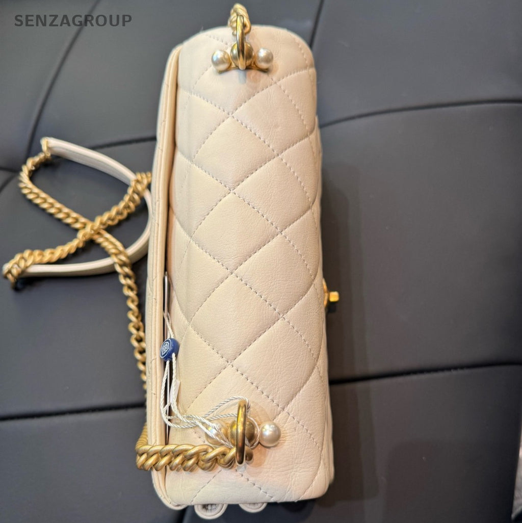 Chanel Diamond Calfskin Chain Shoulder Bag White Gold Used Women Classic Fashion