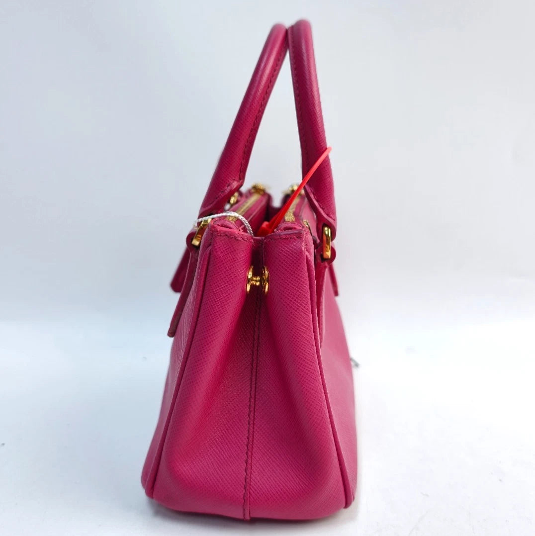 Prada Galleria Mini 2Way Top Handle Bag Crossbody Rose Red Gold Classic Women
