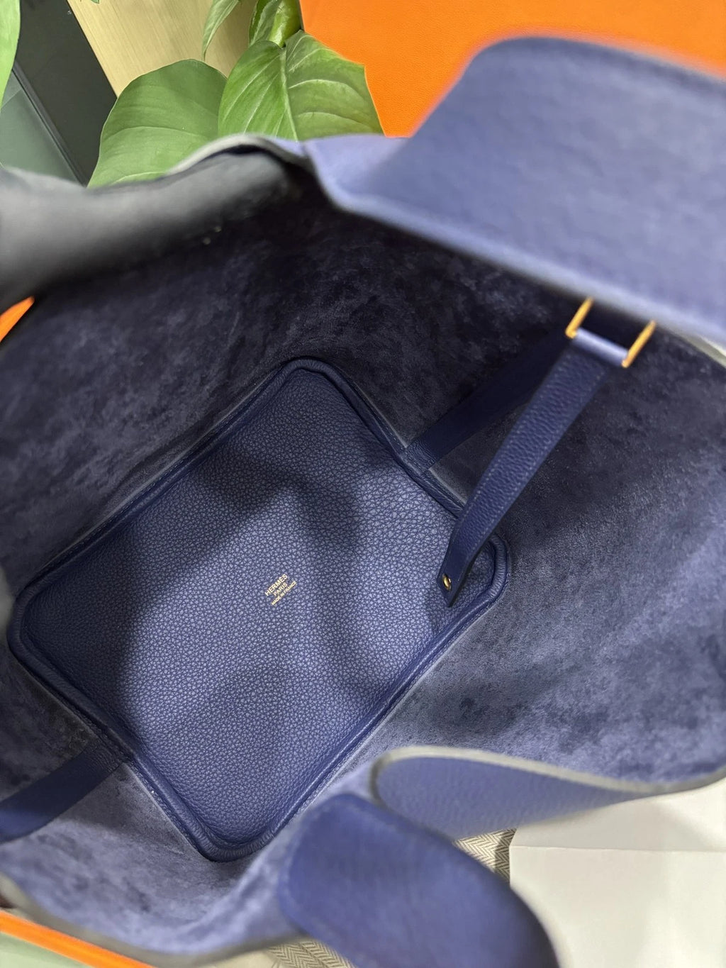 Hermes Picotion22 Bucket Top Handle Bag Blue Gold Used Women Classic