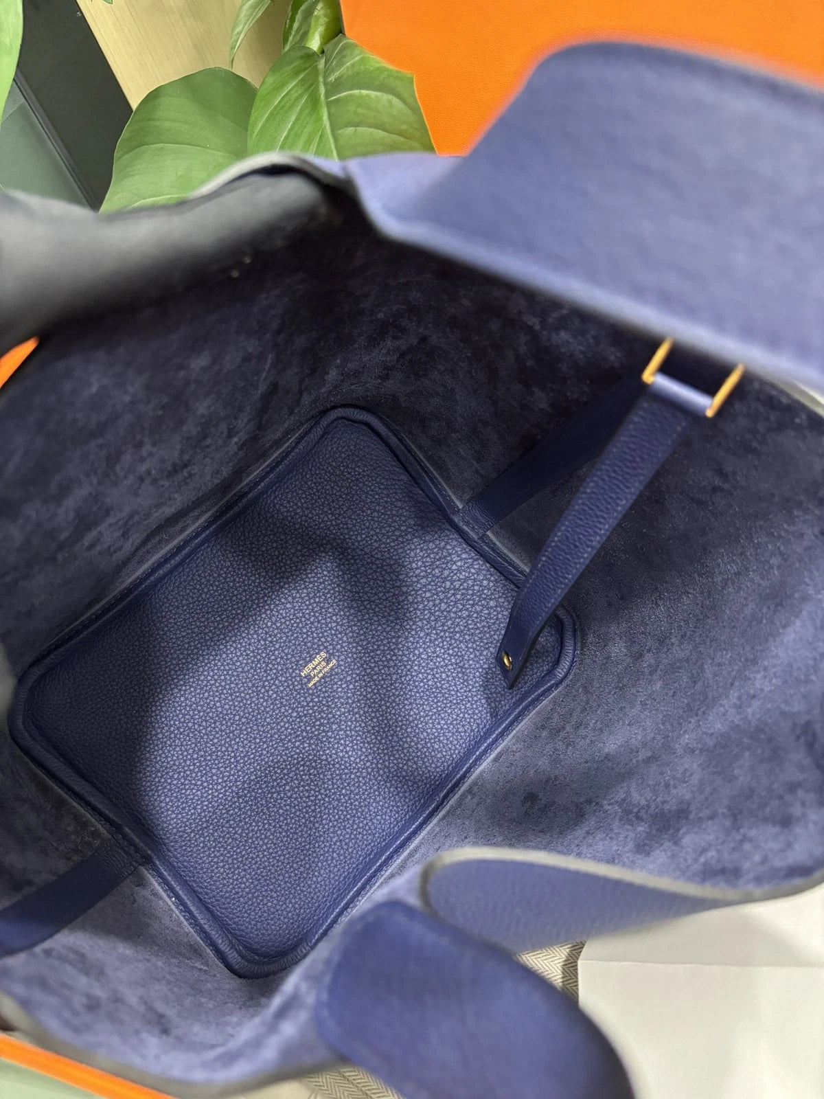 Hermes Picotion22 Bucket Top Handle Bag Blue Gold Used Women Classic