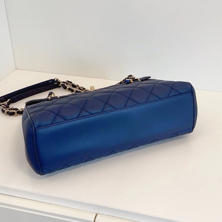 Chanel Diamond Tote Chain Shoulder Bag Blue Gold Used Women Classic