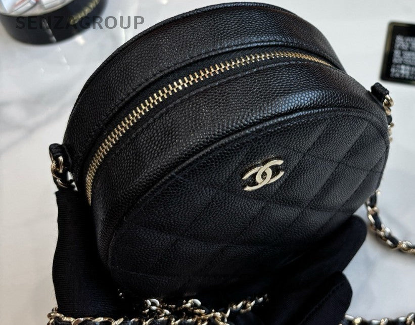 Chanel Caviar Leather Mini Round Flap Shoulder Crossbody Bag Black Women