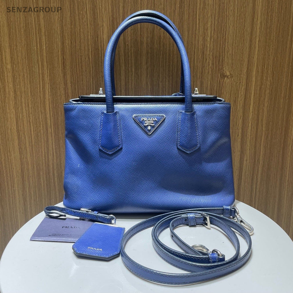 Prada Galleria PM Top Handle Bag Crossbody Blue Silver Women Classic