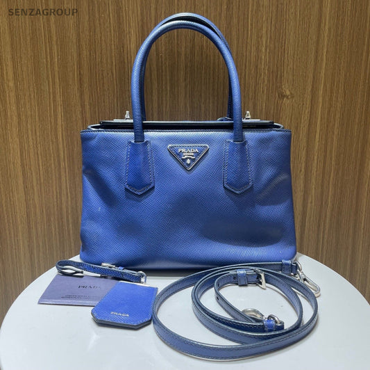 Prada Galleria PM Top Handle Bag Crossbody Blue Silver Women Classic