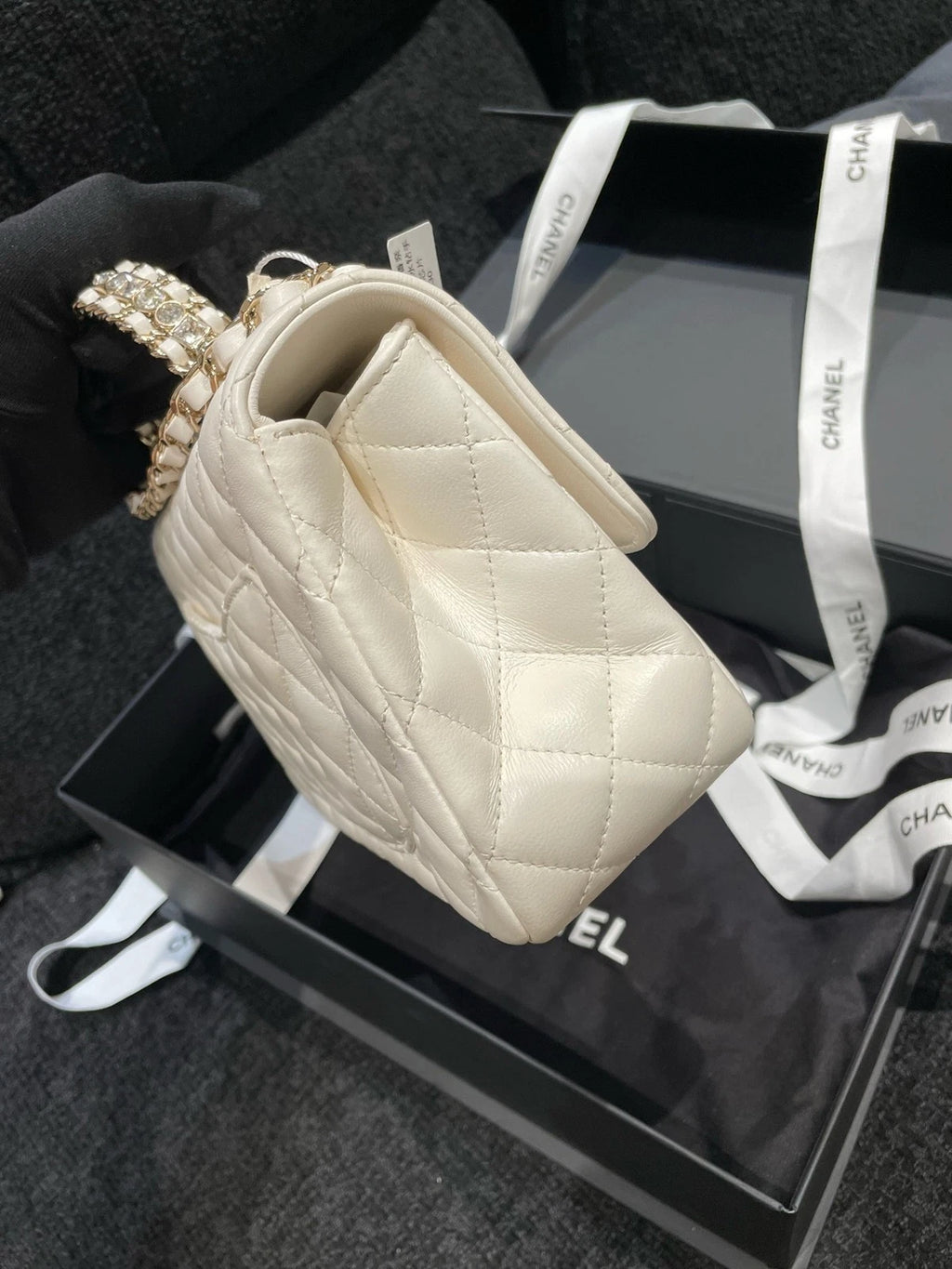 CHANEL Lambskin Rhinestone Handle White Gold CF Bag For Women