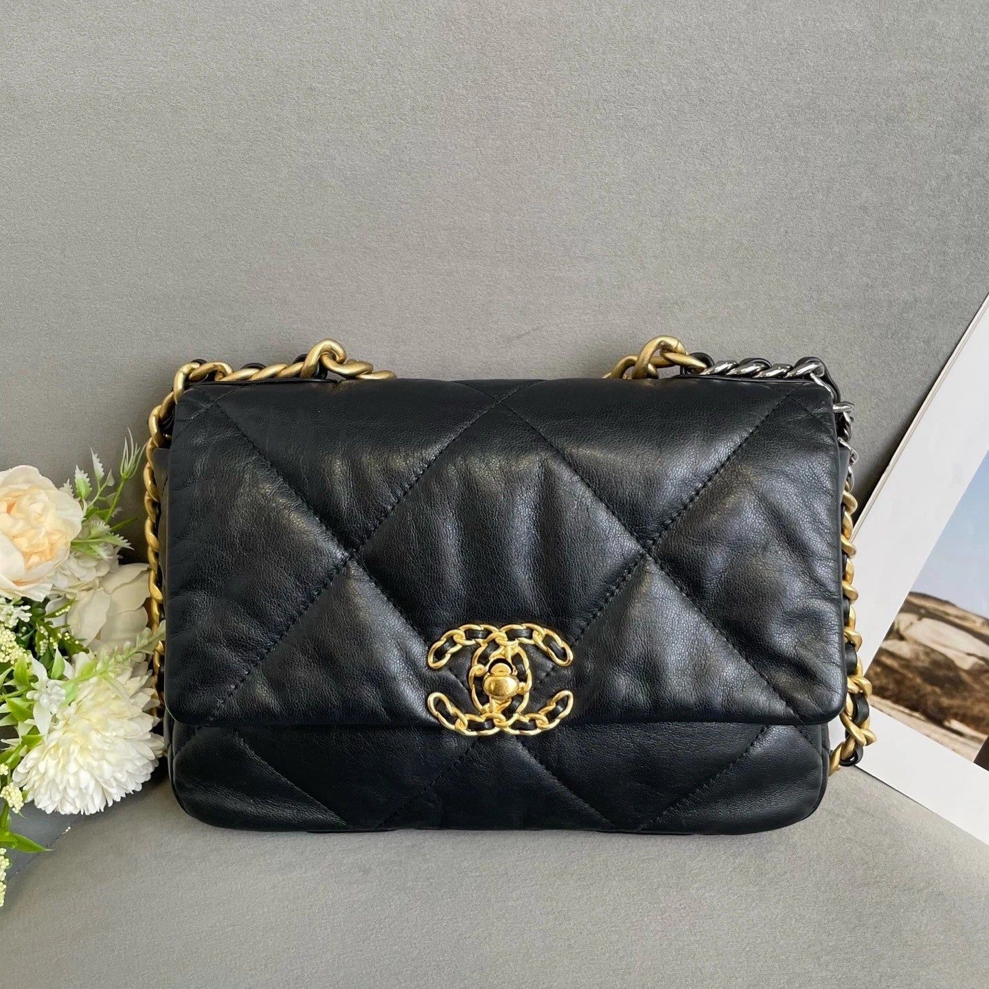 CHANEL 19Bag Small Black Gold Lambskin Shoulder Bag For Women