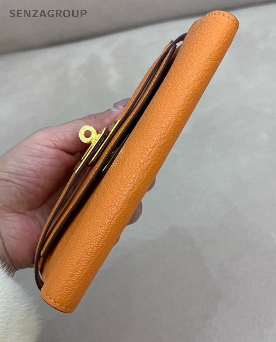 Hermes Kelly Long Wallet Lambskin Orange Gold Women