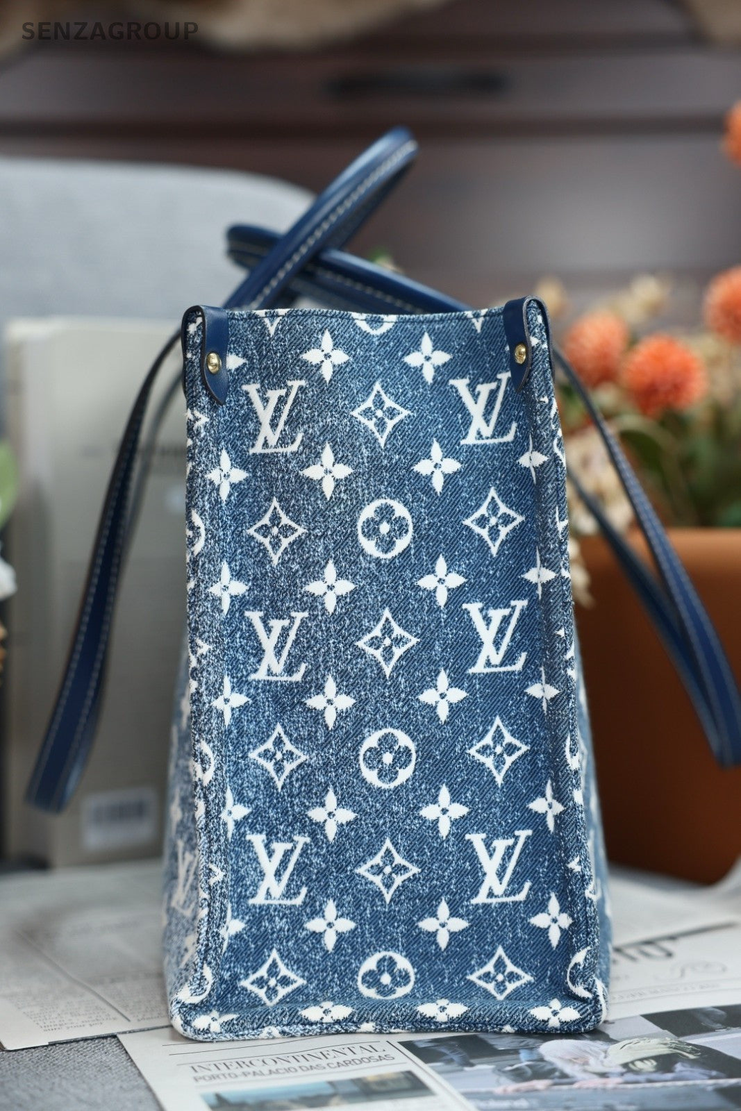 Louis Vuitton Onthego MM Denim Canvas Top Handle Shoulder Bag Women Blue