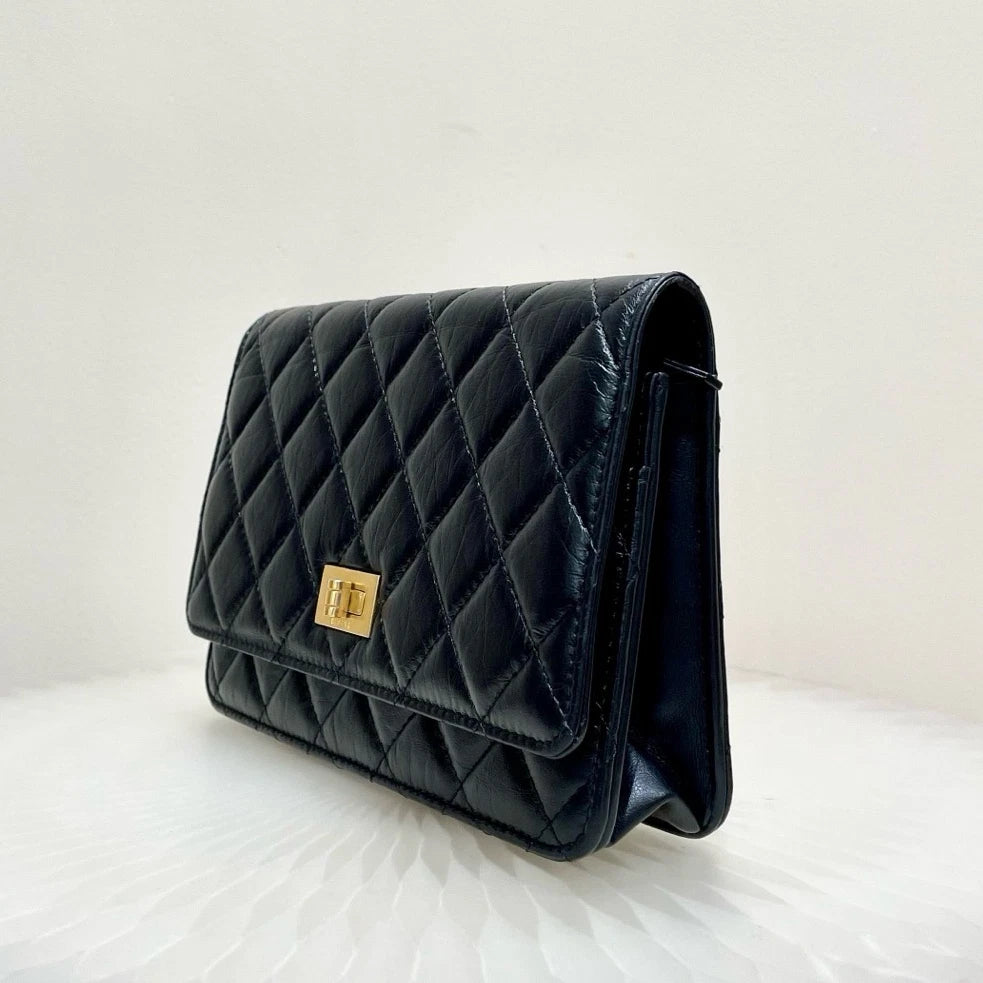 Chanel 2.55 WOC Calfskin Shoulder Bag Crossbody Black Gold Women Diamond