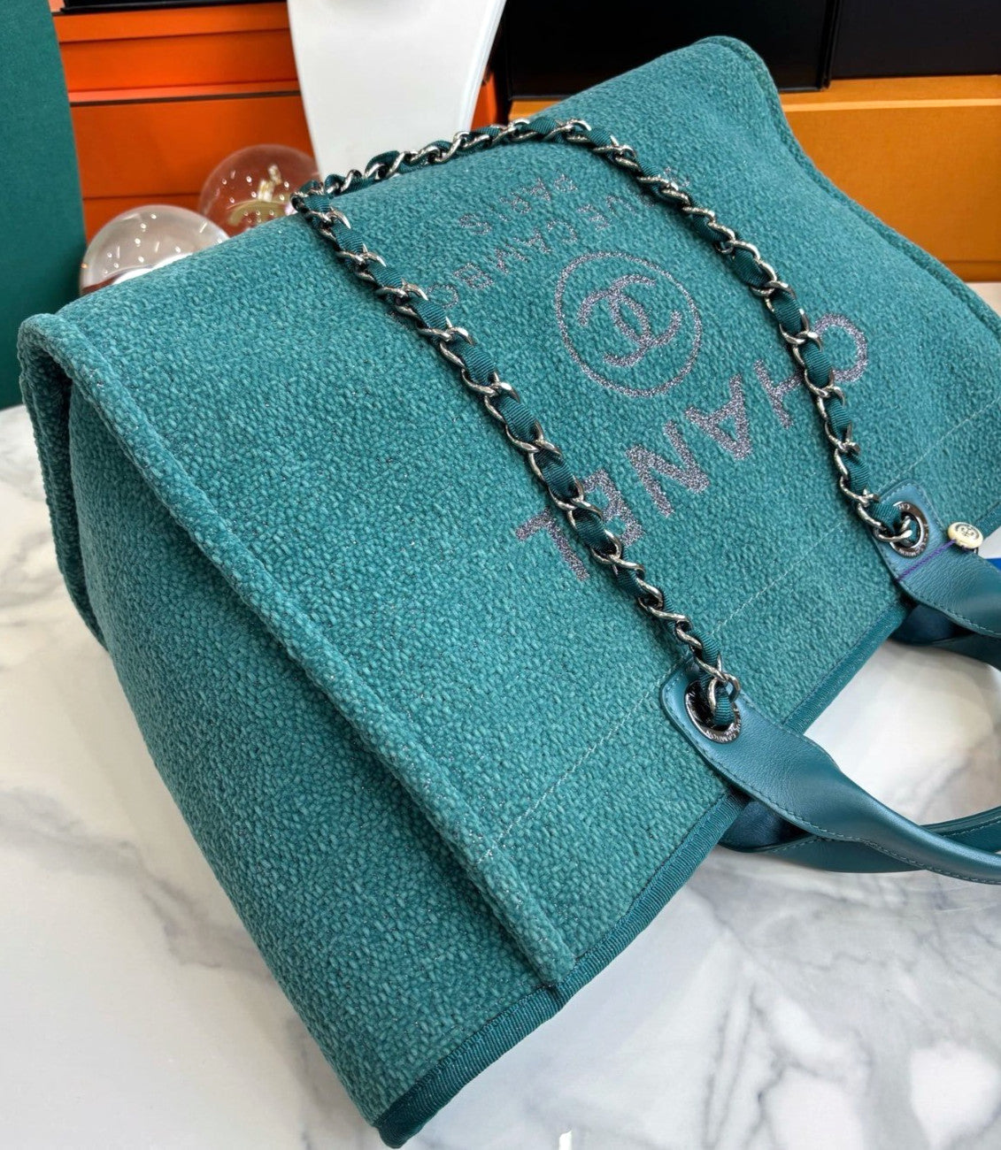 Chanel Beach Tote Top Handle Shoulder Bag Green Women Classic