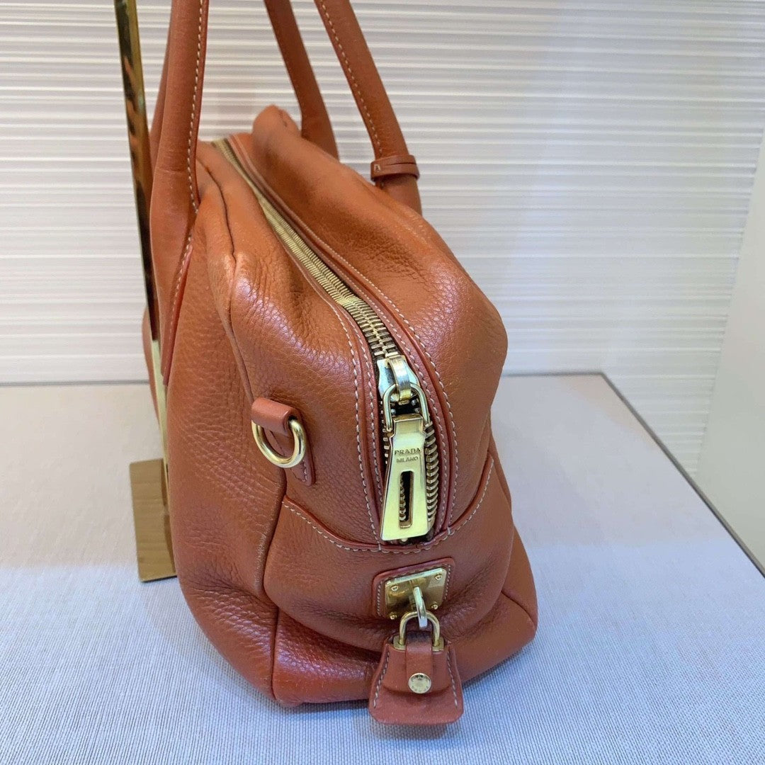 PRADA Top Handle soft Leather Shoulder bag Orange Handbag Women