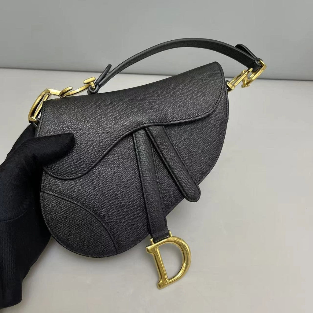Christian Dior Saddle PM Shoulder Bag Black Gold Calfskin Women Classic