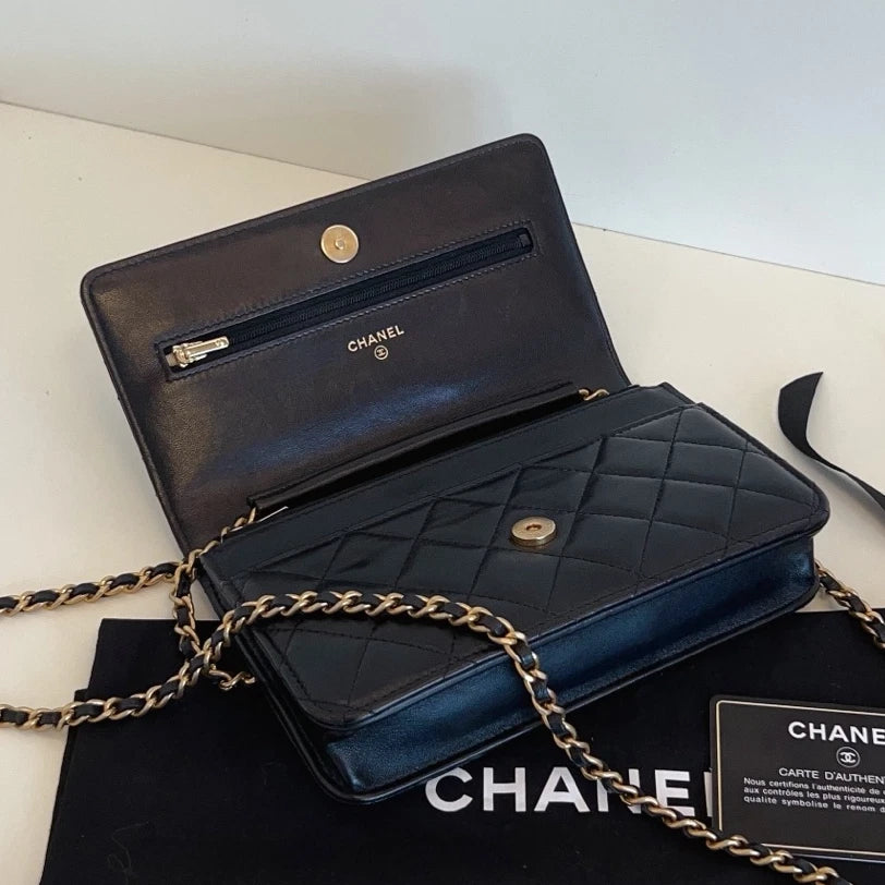 Authentic Chanel WOC Diamond Chain Black Shoulder Bag Crossbody Gold Hardware