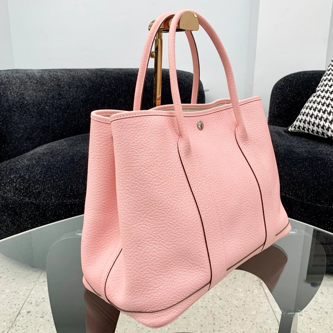 Hermes Garden Party 36 Calfskin Tote Top Handle Bag Pink Silver Women Fashion S