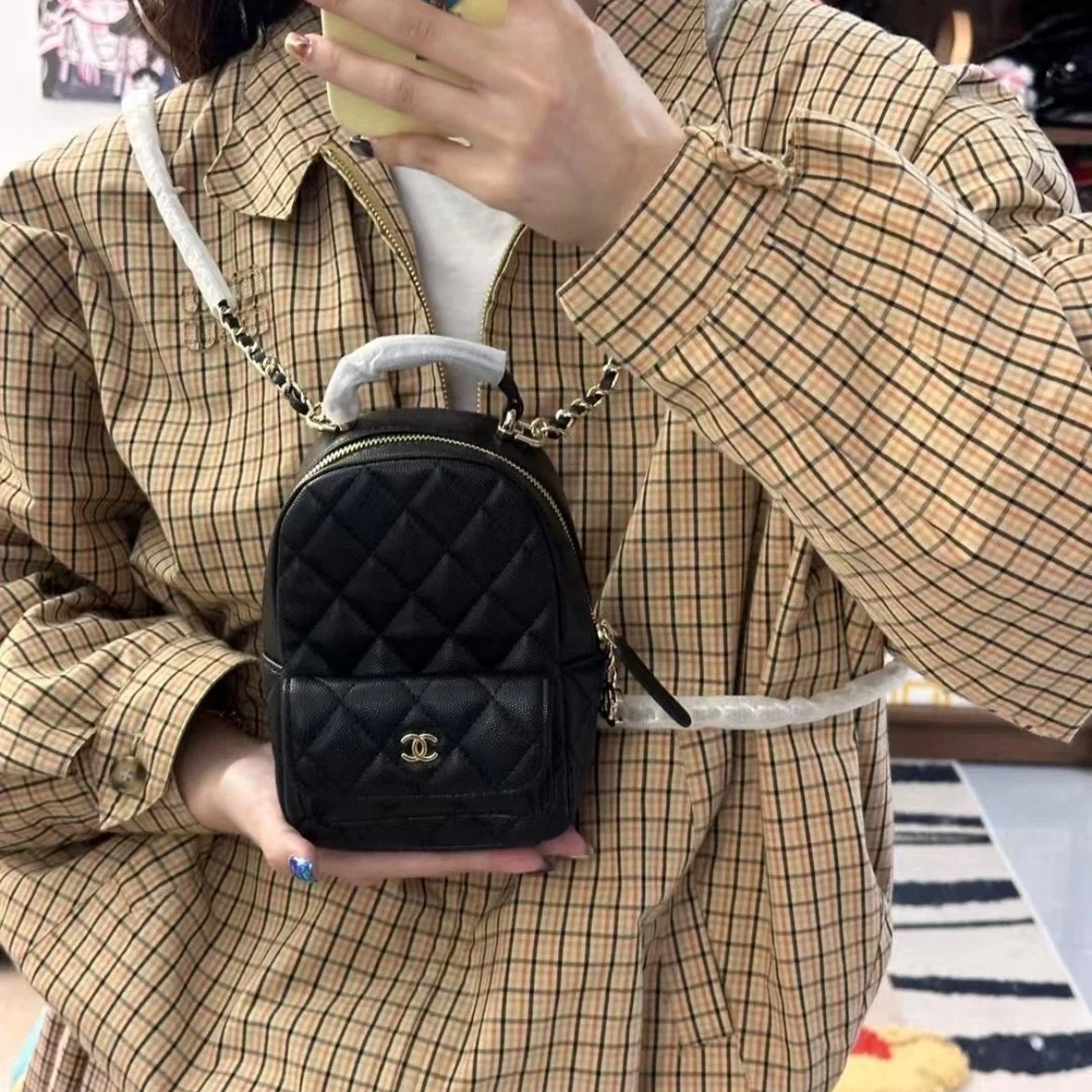 CHANEL Calfskin Black Gold Mini Backpack For Women