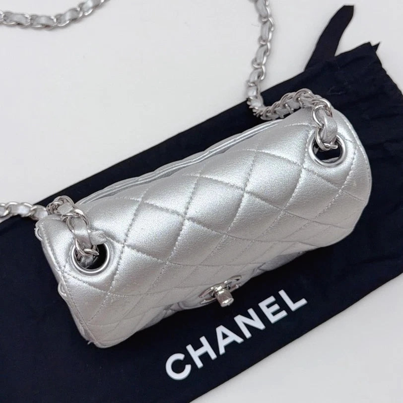 Chanel Classic Flap Mini Lambskin Silver Diamond Chain Shoulder Bag Crossbody