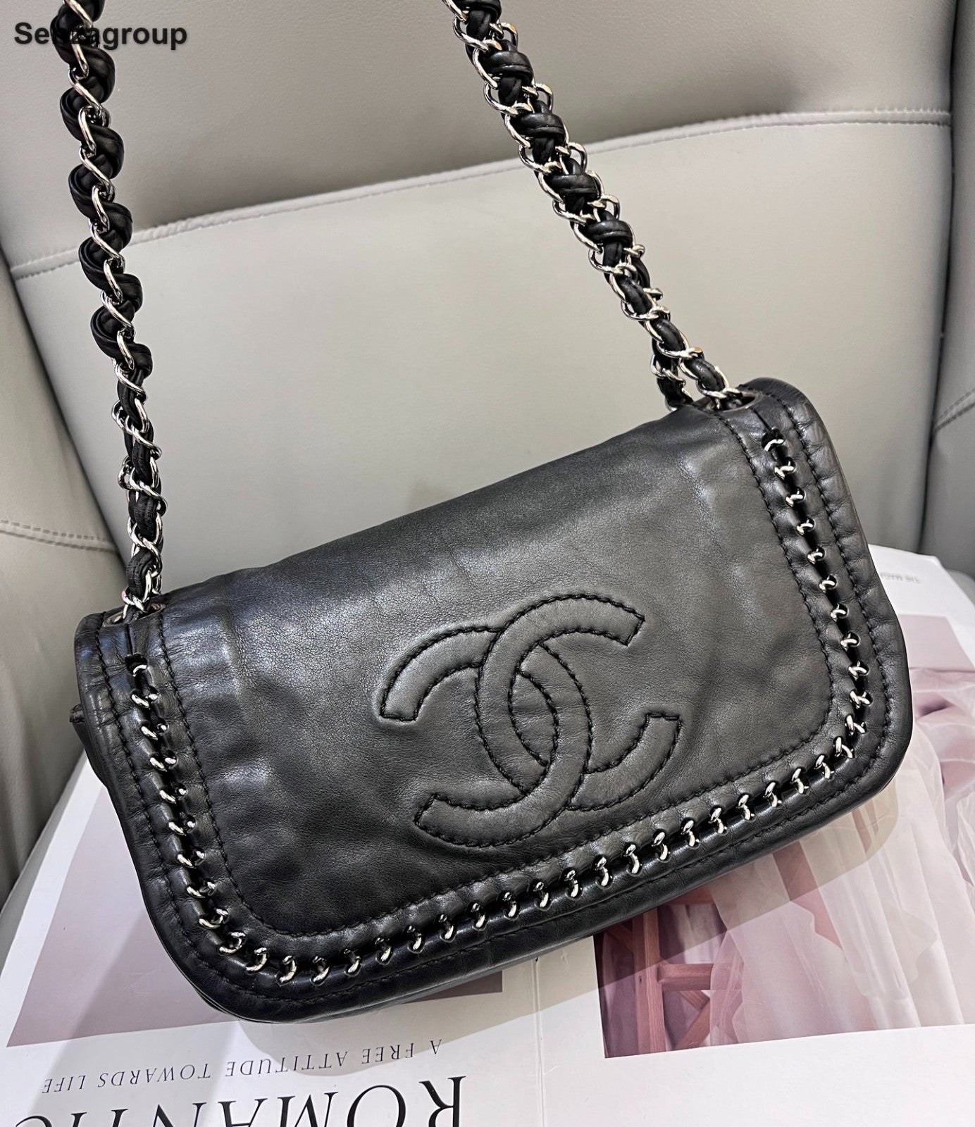 Chanel CC Logo Chain Shoulder Bag Black Silver Used Women Classic