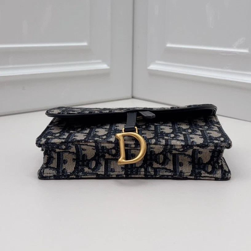 Christian Dior Oblique WOC Chain Shoulder Bag Crossbody Blue Gold Women Classic