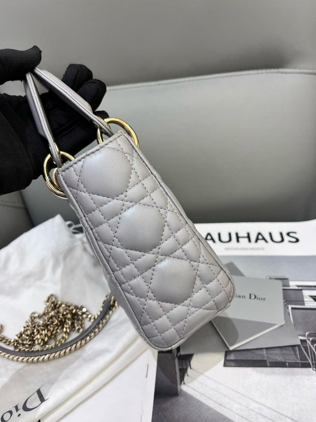 Christian Dior Lady Top Handle 2way Chain Shoulder Handbag Grey Women