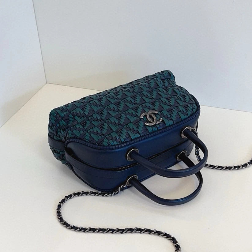 Chanel Bolide PM Calfskin Top Handle Crossbody Green Navy Silver Women Classic