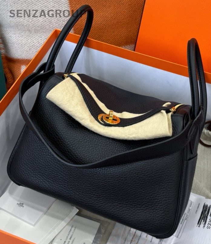 Hermes Lindy 26 TC Leather Top Handle Bag Black Gold Used Women Classic Designer