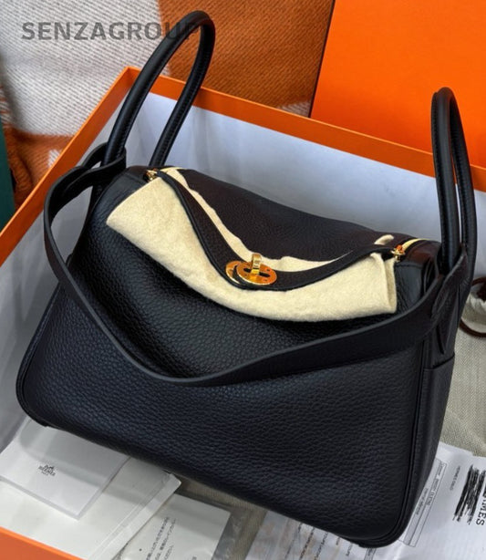 Hermes Lindy 26 TC Leather Top Handle Bag Black Gold Used Women Classic Designer